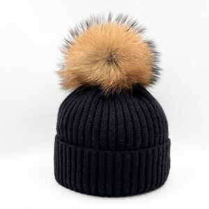 Linda Richards Wool Ribbed Knit Beanie Genuine Fur Pom Black Tan Hat